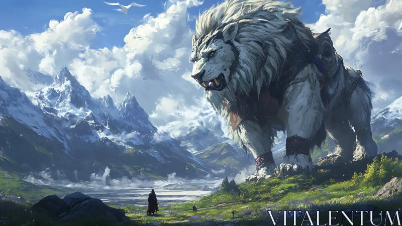 Giant armored white lion towers over lone traveler in valley