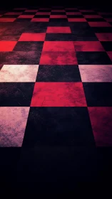 Moody red checkerboard floor fading into soft darkness.
