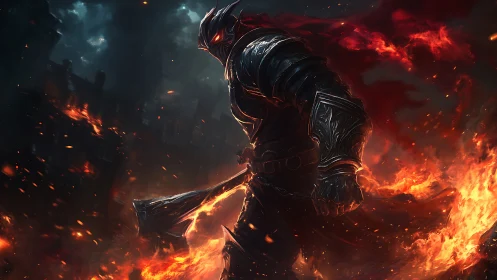 Fiery dark knight strides forward through roaring embers