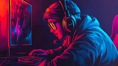 Gamer using computer in neon lit environment, side profile.