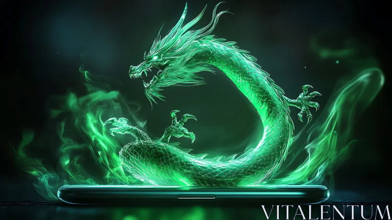 Glowing green dragon emerging from a modern smartphone.