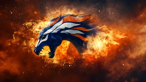 Fiery stylized horse emblem in explosive cosmic blaze.