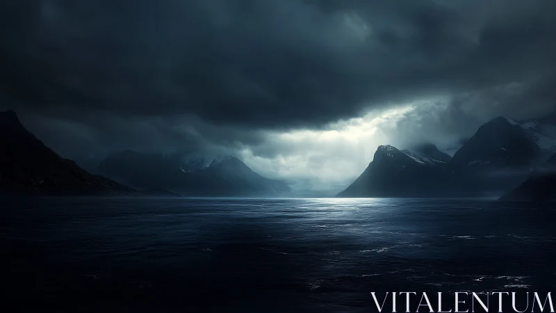 Storm-carved fjord cradles a sudden river of polar light