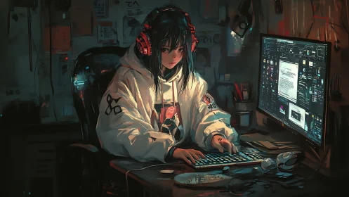 Girl in oversized hoodie works on dual-screen desktop at night