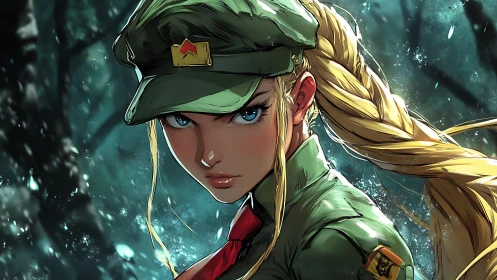 Blonde soldier in green uniform within dense forest setting.