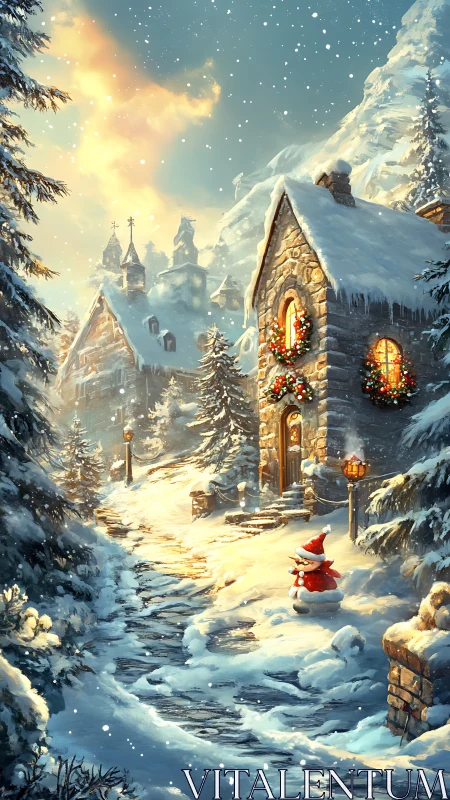 Snowy village lane glowing with cozy Christmas charm.