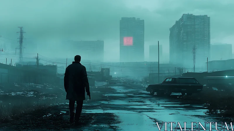 Solitary figure walks derelict road toward neon city ruins