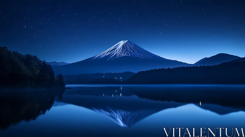 Nocturnal alpine symmetry in deep blue photoreal landscape.