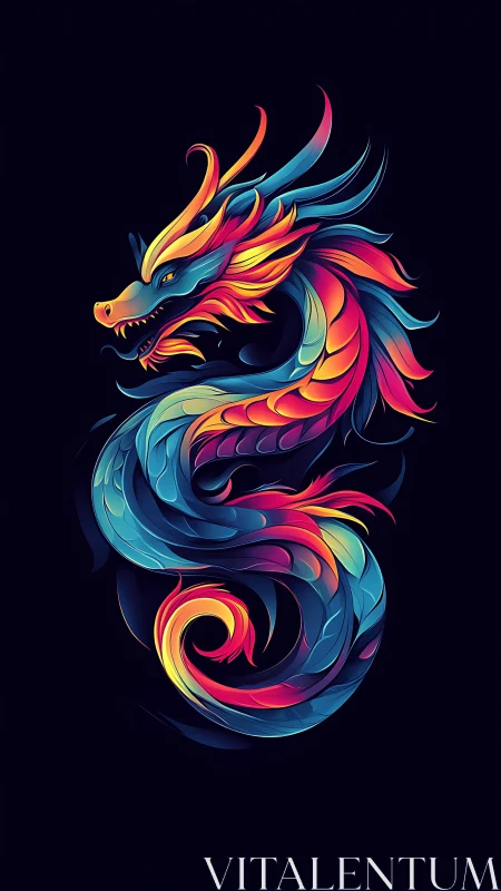 Neon chromatic dragon illustration in fluid digital vectors.