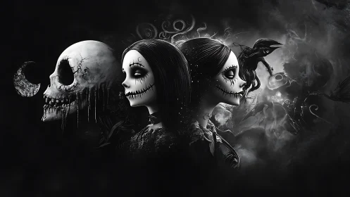 Three stitched souls orbit twilight between skulls and shadows