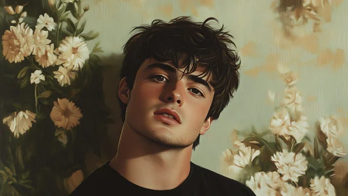Oil portrait of young man against softly blurred floral mural.
