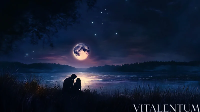 Silhouetted figures by moonlit water under nocturnal sky.