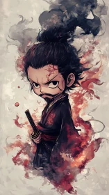 Chibi samurai warrior stands amid swirling smoke and fire