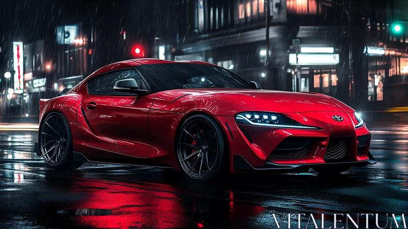 Red sports coupe is parked on wet urban street at night