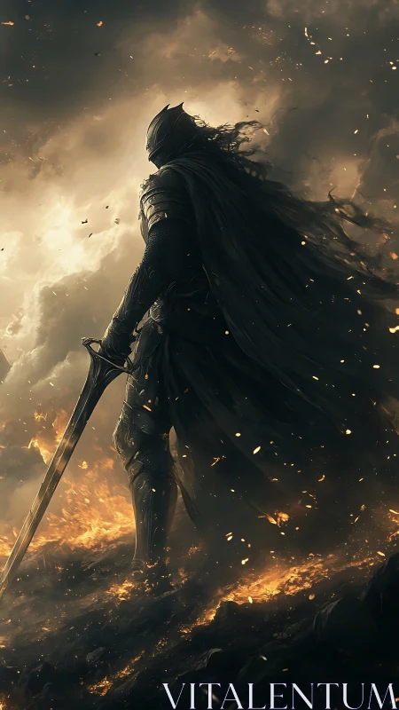 Dark armored knight silhouetted in ember-lit battlefield.