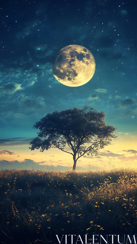 Moon leans low as a lone meadow tree listens to starlight