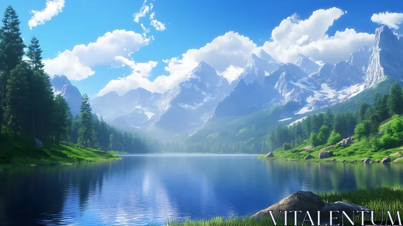 Mountain lake with pine forest under clear blue sky.