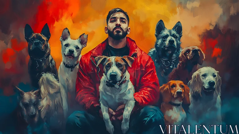 Dog guardian in red jacket surrounded by loyal pack