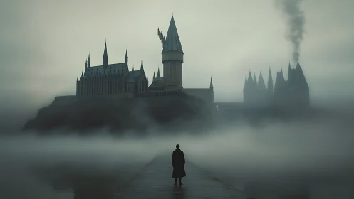 Solitary figure before large fog-shrouded cliffside castle.