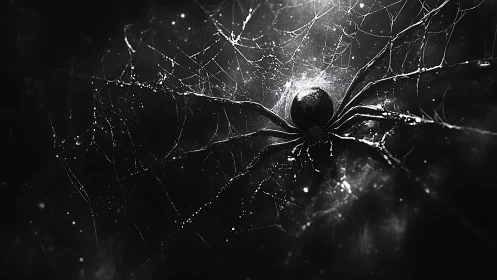 Monochrome spider against glistening web in darkness.