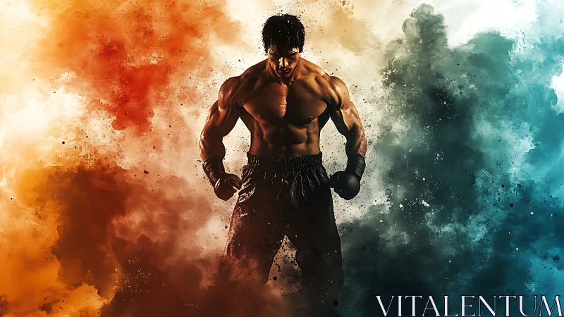 Muay Thai fighter stands amid explosive color clouds