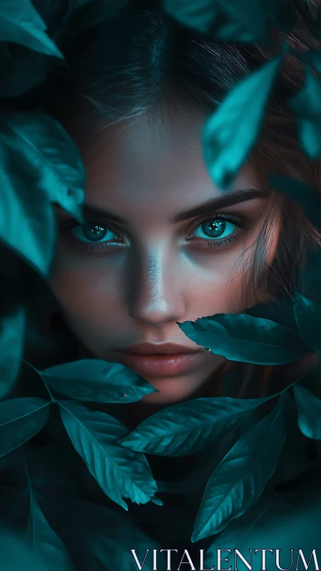 Mystical forest gaze framed by lush teal leaves at dusk.