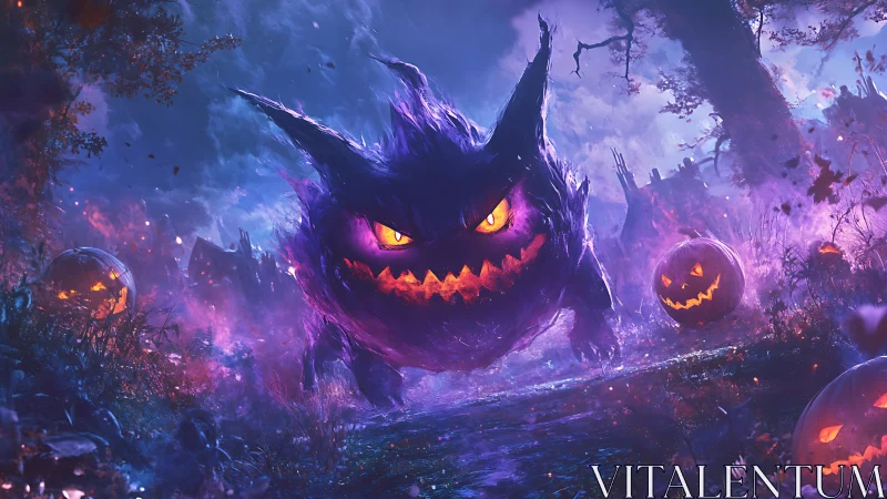 Ghostly orb creature in purple mist with carved pumpkins.