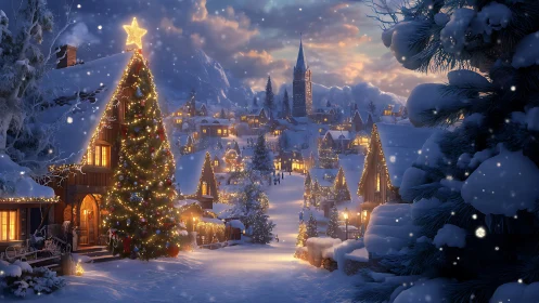 Snow-covered alpine village under festive Christmas lights.