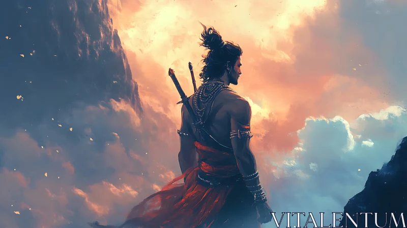 Warrior figure on cliff edge against luminous cloudscape.