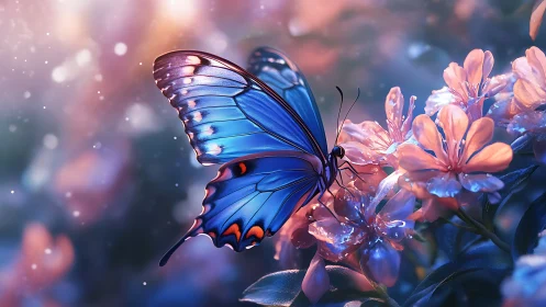 Iridescent blue butterfly rests on glowing coral blossoms.