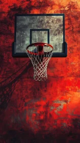 Outdoor basketball hoop casts bold shadow on red wall.