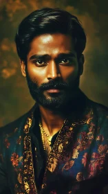 Regal bearded man gazes forward in warm golden light