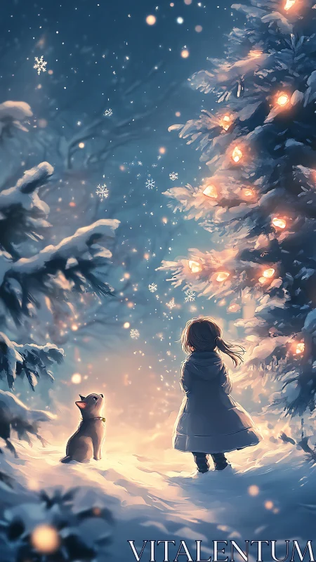 Winter night snowfall with child, dog and lit evergreen tree