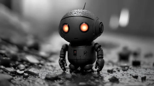 Small wet robot stands on rocky ground in shallow depth