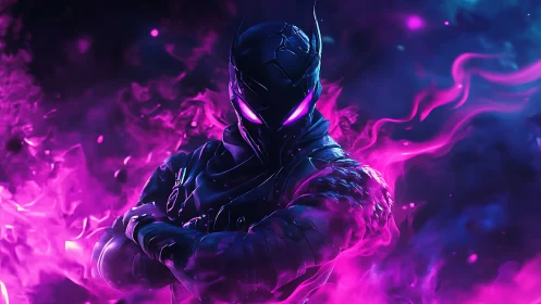 Mystic neon warrior standing strong in swirling purple fire.