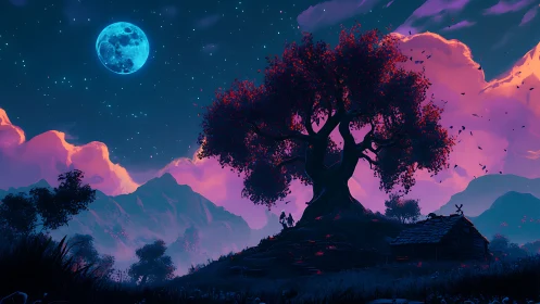 Moonlit fantasy tree above rustic cabin in neon dusk.