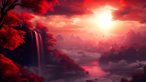 Crimson fantasy valley glows under immense setting sun