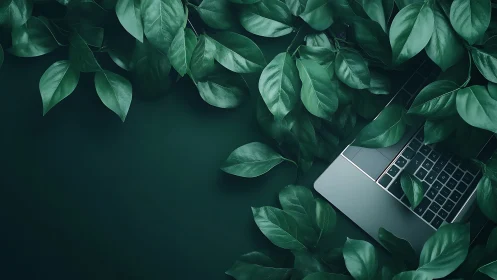 Laptop nestles in lush green foliage evoking eco friendly tech.