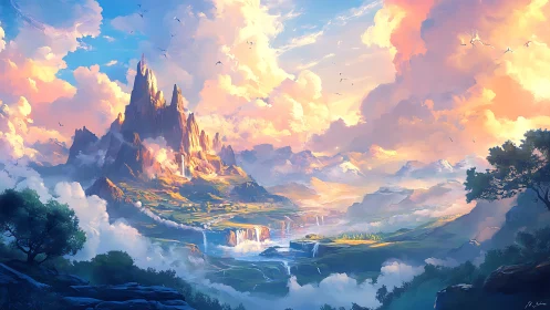 Sunlit fantasy mountains over rivers and clouds landscape.