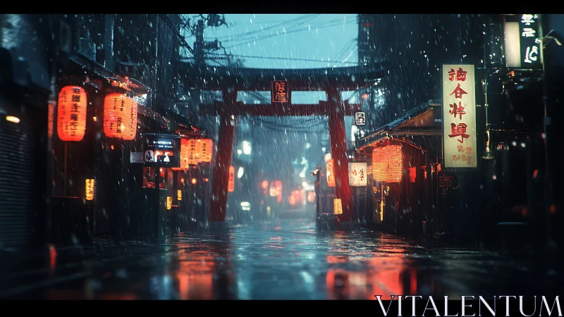 Rain-soaked Japanese alley with torii gate and lanterns at night.