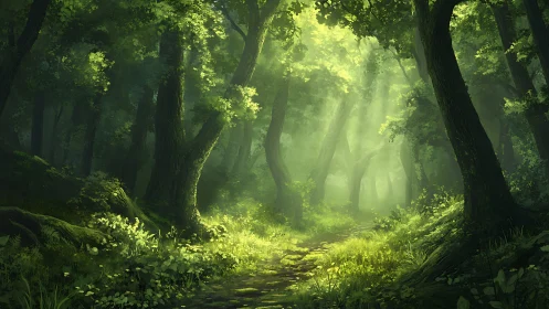 Luminous Forest Canopy: Digital Landscape with Radiant Pathway.