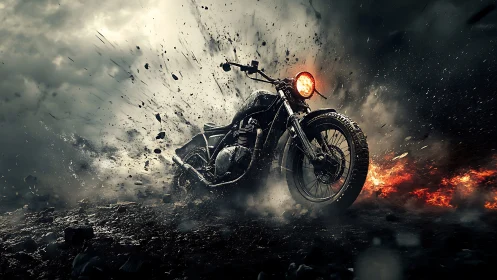 Storm-lit motorcycle bursting through fire and flying dirt.