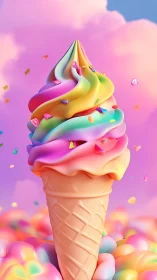 Candy-colored ice cream swirl rises in a dreamy pastel sky