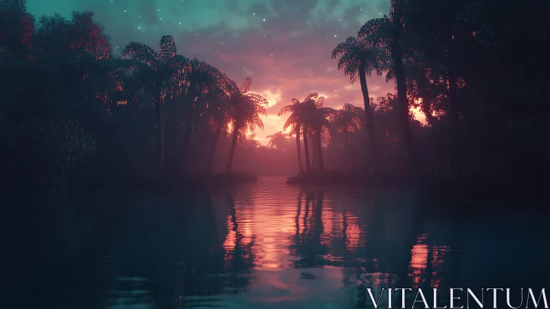 Neon dusk lagoon where dreamy palms sip electric sunset.