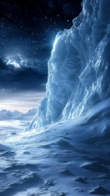 Frozen cliff rises above illuminated snowfield under stars