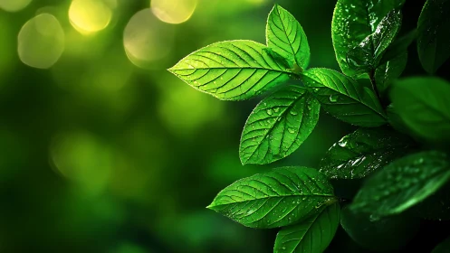 Macro close-up of dew-covered green leaves with bokeh background