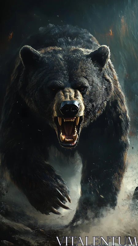 Furious bear charges through smoke in a dark, primal storm
