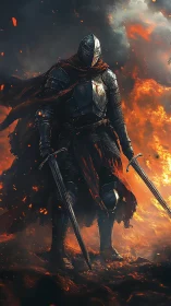 Armored dark knight stands amid inferno with dual swords drawn