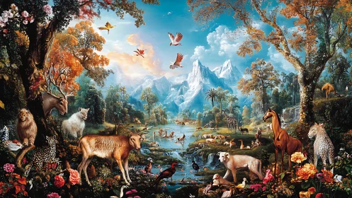 Edenic wildlife congress under candy-blue mountain skies.