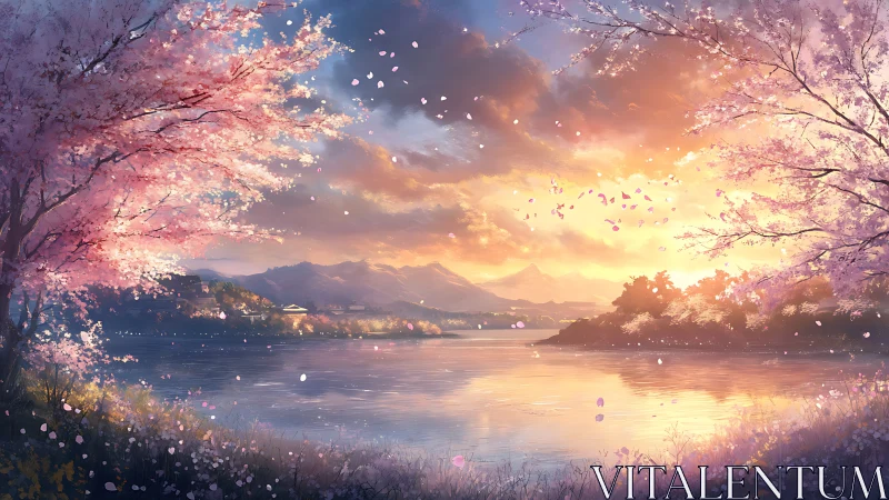 Sunset-illuminated sakura shoreline with atmospheric depth rendering.